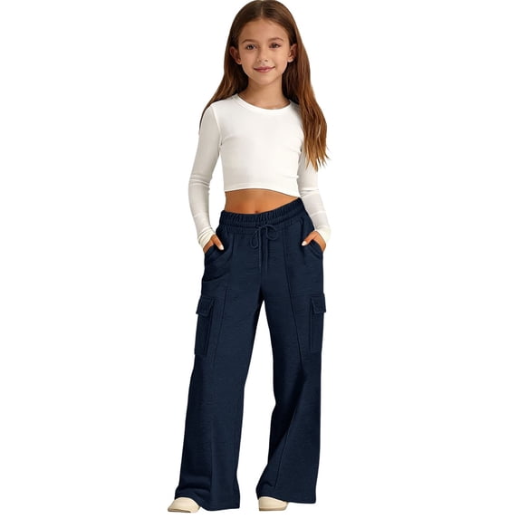 CPNG Teen Girls' Cargo Pants Straight High Waist Elastic Waist Solid Color Drawstring Pants Kids' Sweatpants (Navy,8-9 Years)
