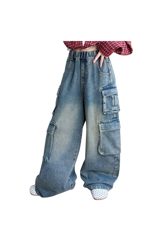 Teen Girls Solid Color Baggy Leg Wide Leg Cargo Denim Pants Trendy Loose Casual Denim High Waist Cargo Jeans(Light Blue,5-6 Years)