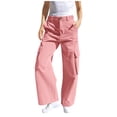 thumbnail image 1 of CPNG Teen Girls Solid Color Baggy Leg Wide Leg Cargo Denim Pants Trendy Loose Casual Denim High Waist Cargo Jeans(Pink,4-5 Years), 1 of 8