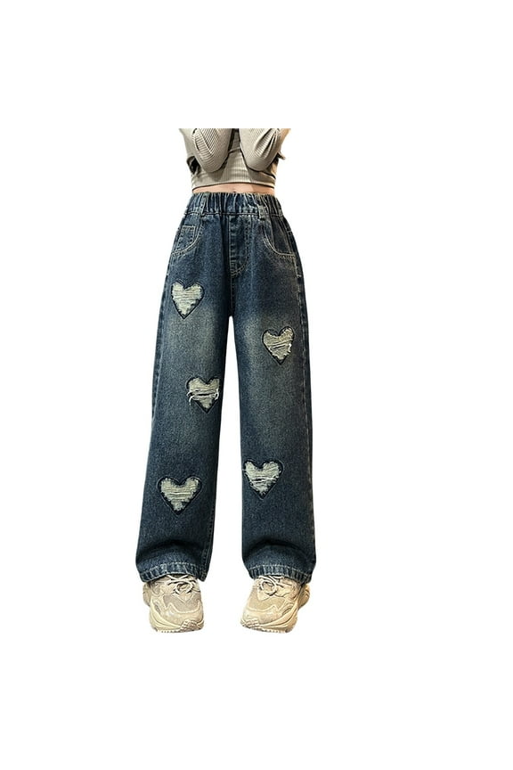 Teen Girls Straight Wide Leg Heart Ripped Jeans Trendy Loose High Waist Elastic Waist Casual Denim Pants(Blue,4-5 Years)
