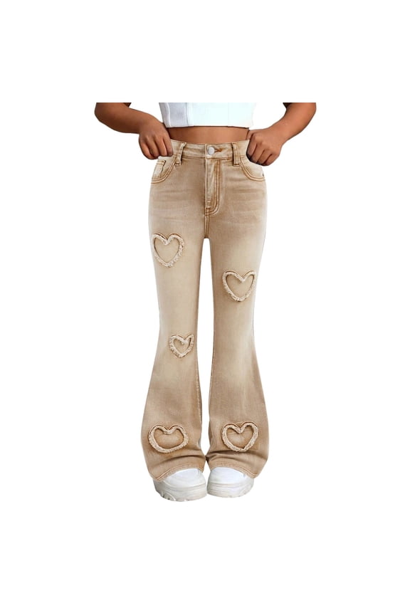 Teen Kids Girls Bell Bottom Jeans Heart Embroidered Flare Jeans Fashionable High Elastic Flared Jeans Slim Fitting Denim Pants(Khaki,13-14 Years)