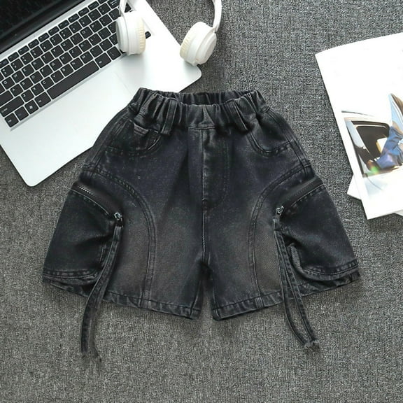 CPNG Teens Boys Baggy Cargo Wide Leg Trendy Denim Shorts with Zipper Pockets Hip Hop Denim Jeans Elastic Waist Vintage Y2K Streetwear Distressed Summer Clothes