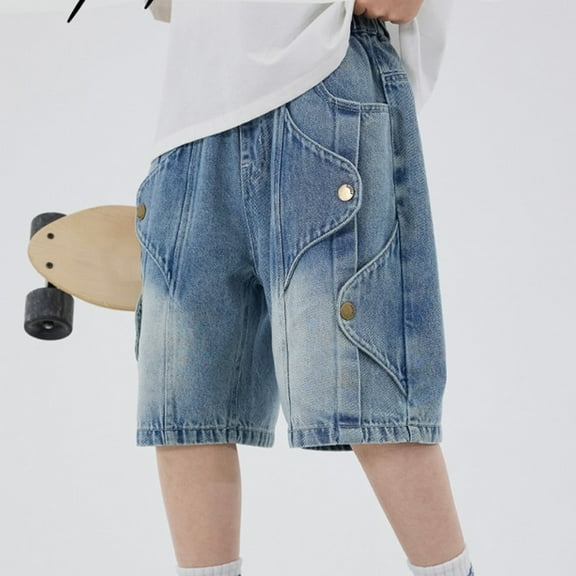 CPNG Teens Boys Denim Shorts Buttons Elastic Band Inside Stretchy Summer Cargo Shorts Elastic Waisted Baggy Straight Leg Boy Vintage Bermuda Jean Shorts