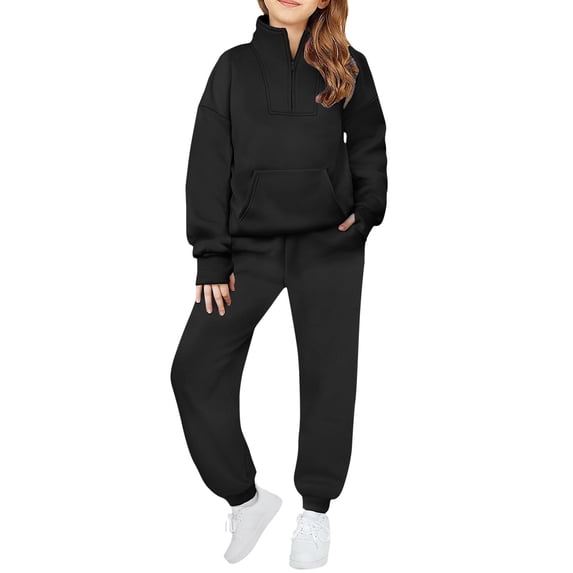 CPNG Teens Kids Girls Sweatsuit 2 Piece Set Half Zip Sweatsuits Pullover Sweatshirts and Jogger Sweatpants Sweat Set(Black,7-8 Years)