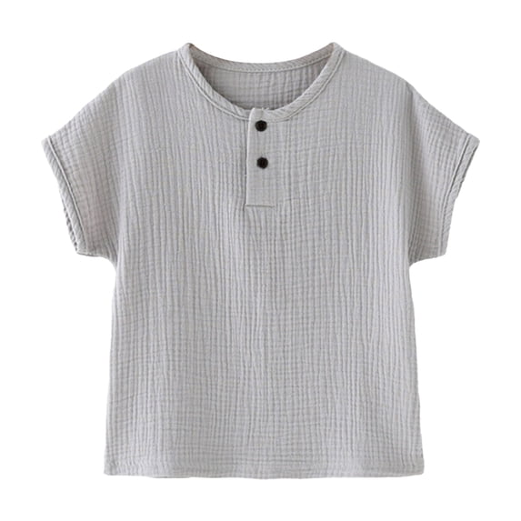 CPNG Toddler Baby Boys Cotton Linen Shirt Solid Color Button Short Sleeve T Shirt Daily Comfortable Casual Tees Tops(Grey,3-4 Years)