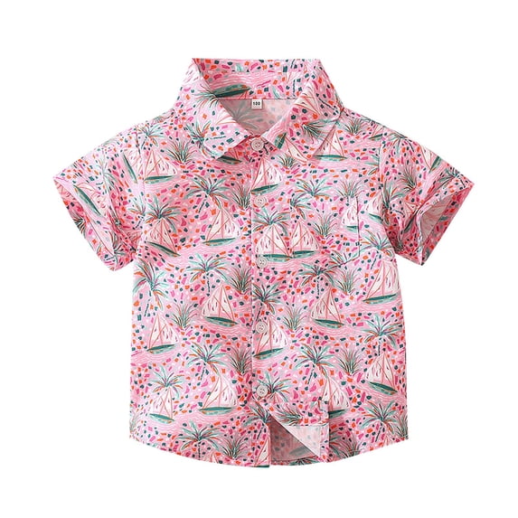 CPNG Toddler Baby Boys Lapel Button Down Shirts Hawaiian Beach Casual Clothes Short Sleeve Cool Dress Shirt(Pink,6-12 Months)