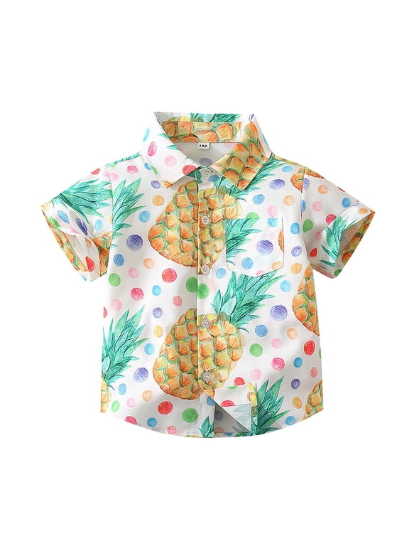 Toddler Baby Boys Lapel Button Down Shirts Hawaiian Cartoon Pineapple Print Short Sleeve Cool Dress Shirt(White,3-4 Years)