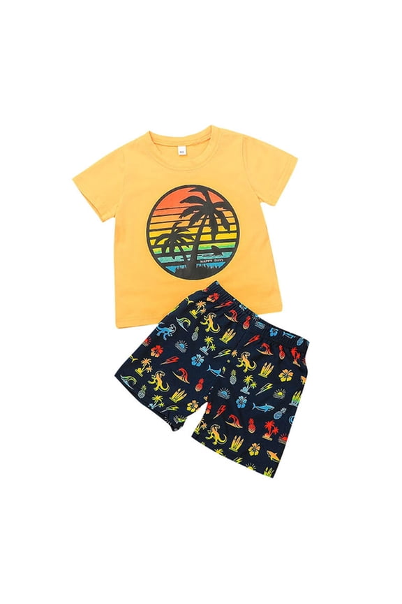 Toddler Baby Boys Summer Beach Outfits Coconut Tree Print Short Sleeve Crewneck T Shirt Tops and Shorts 2 Piece Set(Yellow,2-3 Years)