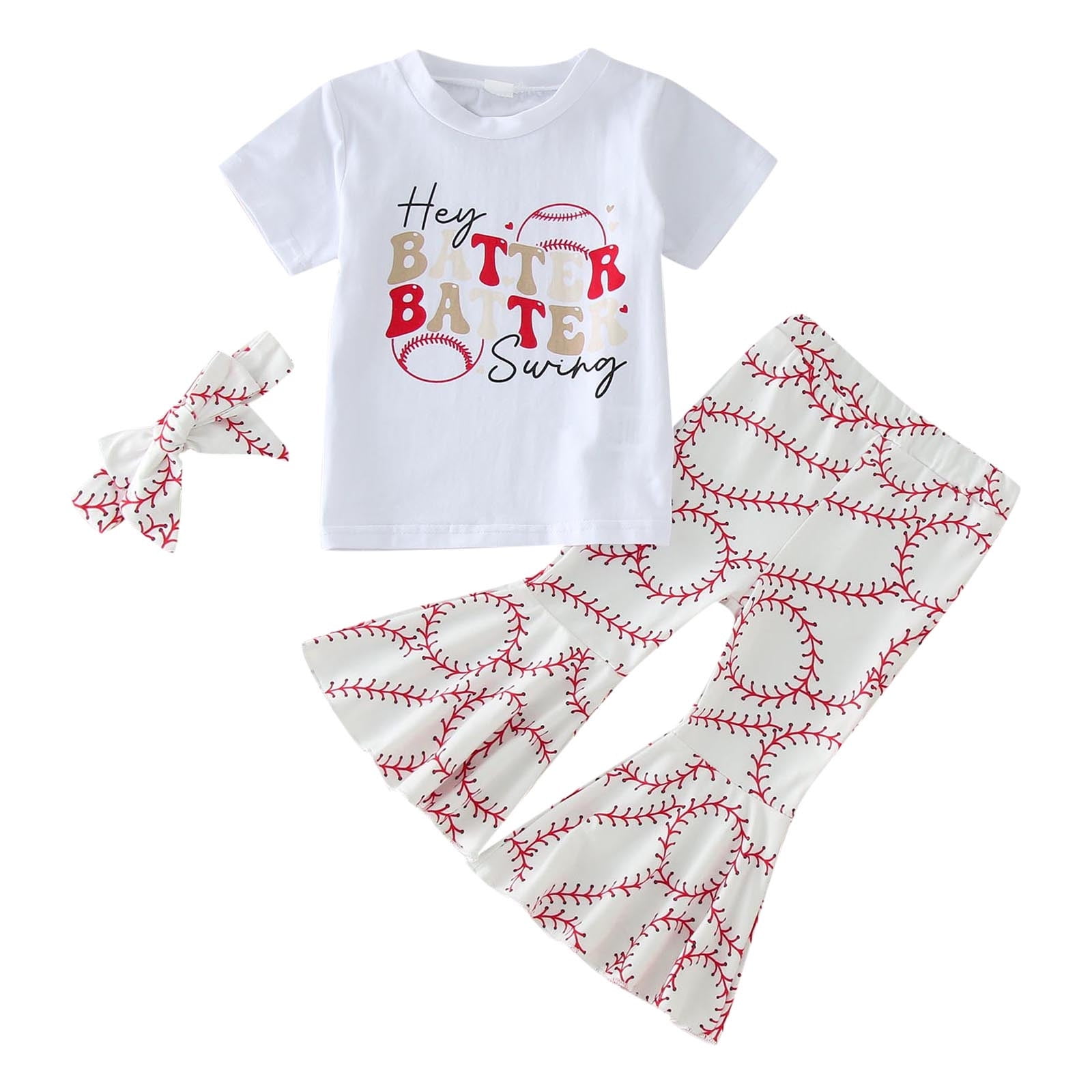 CPNG Toddler Baby Girl 3Pcs Summer Outfit Set Baseball Prints Short Sleeve T-Shirt Top and Bell Bottom Pants Set with Headbands(White,6-12 Months)