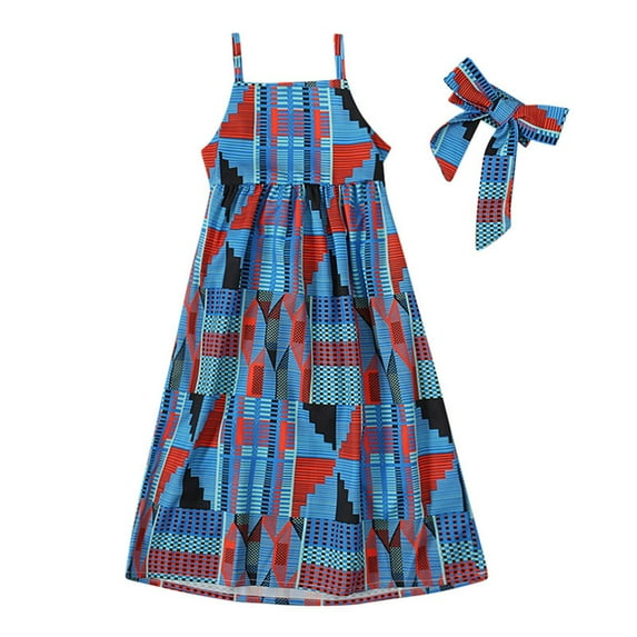 CPNG Toddler Baby Girl Skirt African Print Dress Summer Clothes Outfits Little Girl Casual Dresse and Headband 2 Pcs Set(BU2,5-6 Years)