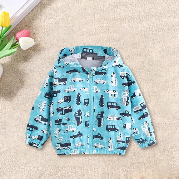 CPNG Toddler Baby Girls Boys Hooded Jacket Windbreaker Lightweight Cartoon Car Print Coat Zip Up Trench Windbreaker Outerwear Long Sleeve Windproof Coats Jacket