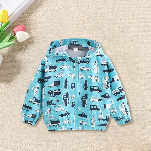 CPNG Toddler Baby Girls Boys Hooded Jacket Windbreaker Lightweight Cartoon Car Print Coat Zip Up Trench Windbreaker Outerwear Long Sleeve Windproof Coats Jacket