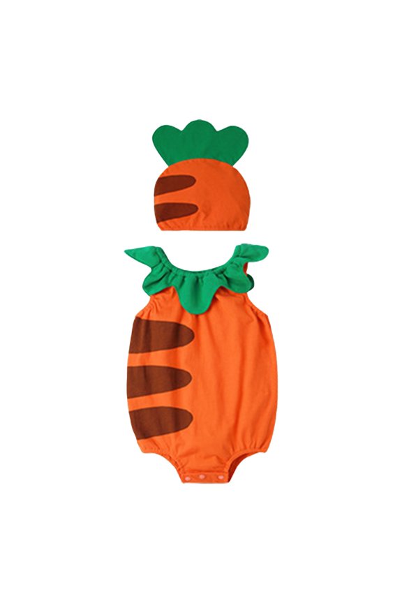 Toddler Baby Girls Boys Outfit Crawling Clothes Set Adorable Fruit Print Sleeveless Bodysuit and Hat 2 Piece Set(Orange,6-12 Months)