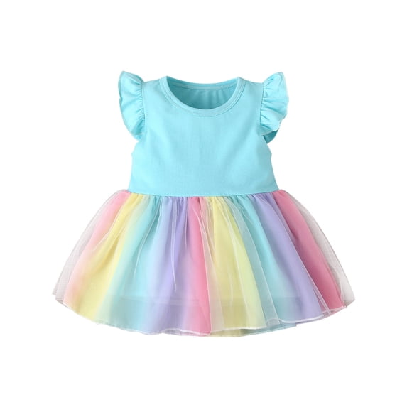 CPNG Toddler Baby Girls Clothes Sleeveless Tulle Dress Rainbow Color Ruffle Girls Multicolor Dress Birthday Party Outfits(Blue,6-12 Months)