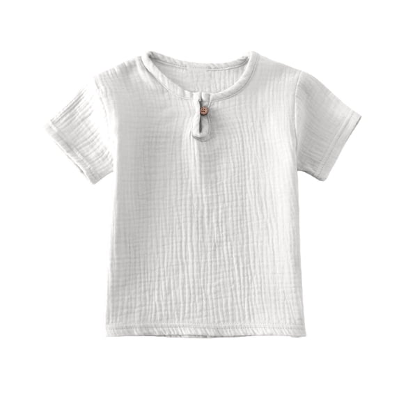 CPNG Toddler Baby Girls Cotton Linen Summer Top Solid Color Crew Neck Short Sleeve Button T Shirt Children Casual Top(White,6-12 Months)