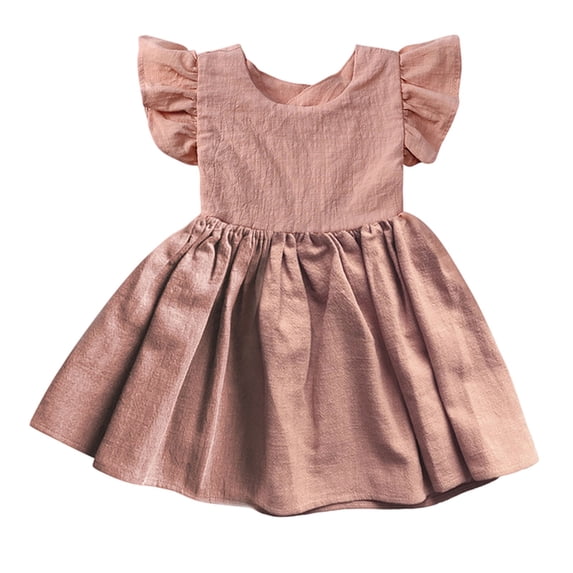 CPNG Toddler Baby Girls Dresses Stylish Comfortable Cotton Linen Dresses Solid Color Ruffled Sleeve Round Neck Dress Daily Casual Dress(Pink,3-4 Years)