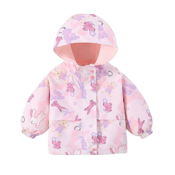 CPNG Toddler Baby Girls Hooded Jacket Full Zip Waterproof Windproof Windbreaker Coat with Cute Print Kids Lightweight Outdoor Jacket