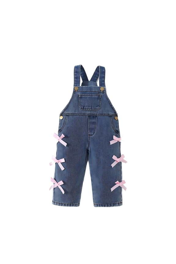 Toddler Baby Girls Loose Jumpsuit Side Bow Decoration Denim Overall Bib Wide Leg Jean Jumpsuits(Blue,6-9 Months)