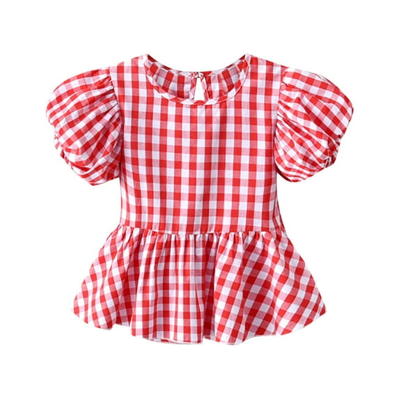 CPNG Toddler Baby Girls Plaid Summer Top Pleated Hem Crew Neck Short Sleeve T Shirt Children Casual Top(Red,3-4 Years)