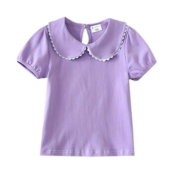 CPNG Toddler Baby Girls Small Fresh Summer T Shirt Lace Lapel Solid Color Short Sleeve T Shirt Children Daily Top(Purple,18-24 Months)