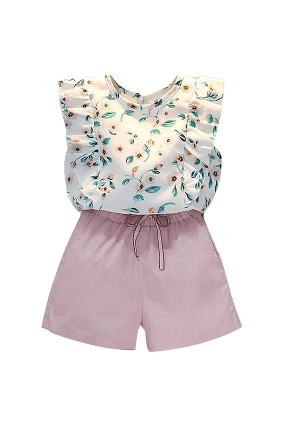 Toddler Baby Girls Summer Chiffon Outfits Ruffled Full Print Sleeveless T-Shirts Tops and Solid Color Shorts Cute Outfits Set(Pink,3-4 Years)