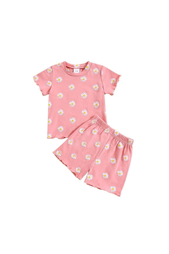 Toddler Baby Girls Summer Clothes Daisy Print Short Sleeve Round Neck T Shirt and Shorts 2 Piece Set(Red,18-24 Months)
