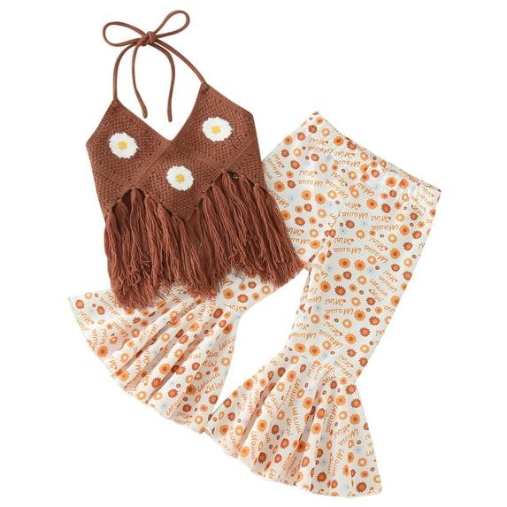 CPNG Toddler Baby Girls Summer Outfits Floral Tassels Sleeveless Sling Vest and Flared Trousers 2 Piece Set(Brown,3-6 Months)