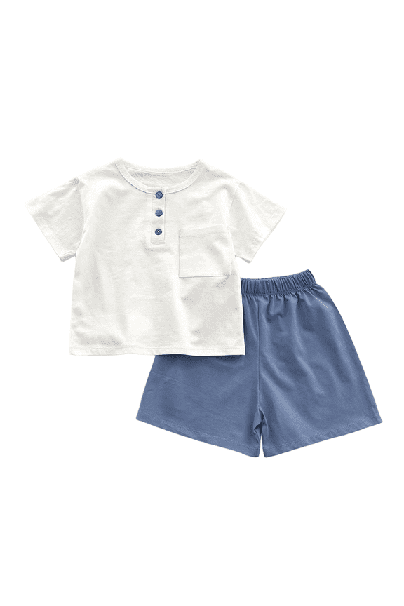 Toddler Baby Girls Summer Outfits Solid Color Pure Cotton Button Short Sleeved T-Shirt and Shorts Two Piece Set(Blue,12-18 Months)