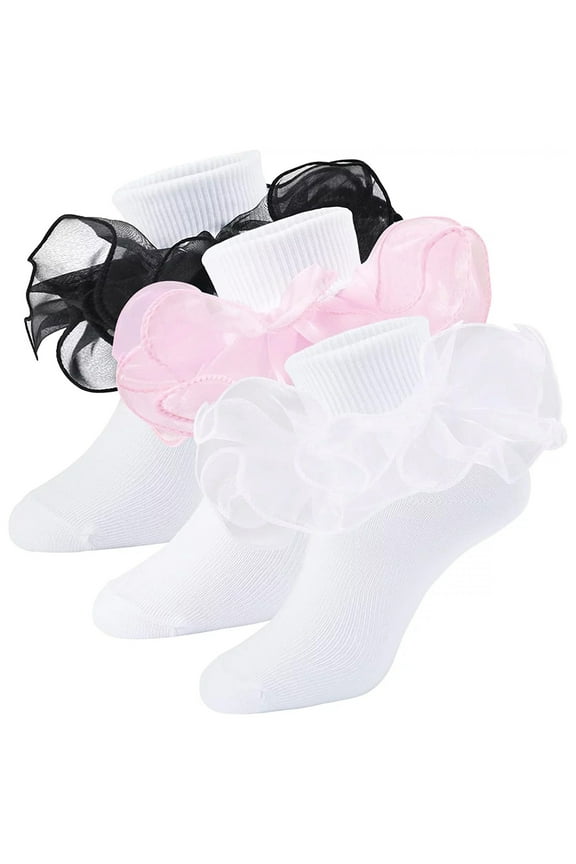 Toddler Baby Sock Turn Cuff Frilly Dress Socks Girls Fashion Soft Double Lace Ruffled Comfy Socks 3Pc Breathable Eyelet Ankle Sock