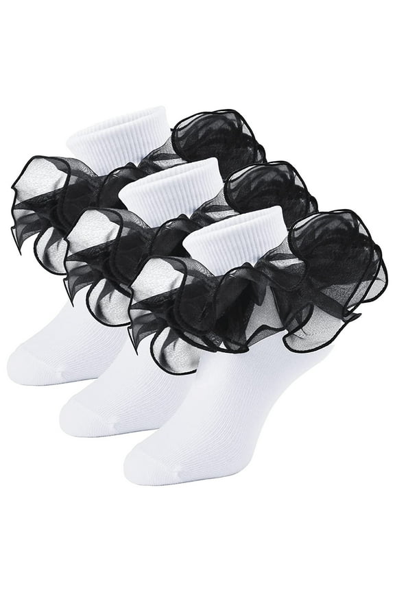 Toddler Baby Sock Turn Cuff Frilly Dress Socks Girls Fashion Soft Double Lace Ruffled Comfy Socks 3Pc Breathable Eyelet Ankle Sock