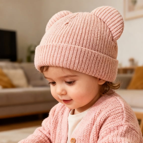 CPNG Toddler Baby Soft Double Layers Knit Warm Cap Winter Knitted Hat with Bear Ear Infant Boys Girls Beanie Cotton Lining Soft Warm Skull Cap