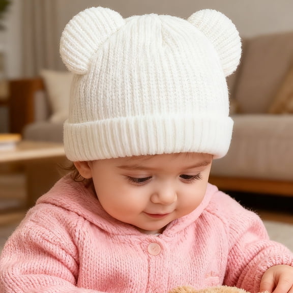 CPNG Toddler Baby Soft Double Layers Knit Warm Cap Winter Knitted Hat with Bear Ear Infant Boys Girls Beanie Cotton Lining Soft Warm Skull Cap