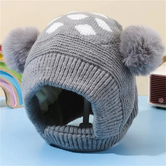 CPNG Toddler Beanie Baby Kids Fleece Lined Knitted Beanie with Face Mask & Pom Pom Warm Winter Hat Knit Cap for Boys Girls Soft Cozy Infant Hat