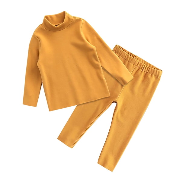 CPNG Toddler Boys Girls Thermal Underwear Sets Mid Neck Base Layer Winter Warm Solid Color Long Sleeve Tops Pants Outfit(Yellow,18-24 Months)