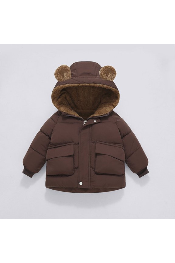 Toddler Boys Girls Winter Coat Down Jacket Hooded Padded Fleece Solid Color Coats with Pockets Warm Outwear 3D Ear Padded Puffer Jacket