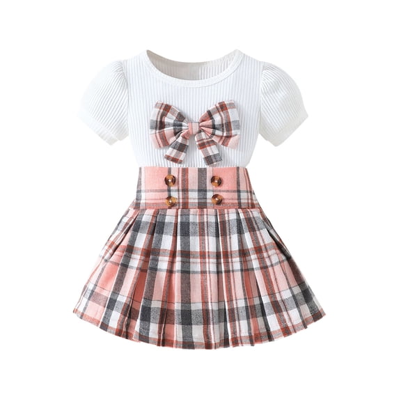 CPNG Toddler Girl's 2 Piece Outfit Bow Front Short Sleeve Tee and Plaid Pleated Skirt Set Summer Sweet Stylish Set(Red,2-3 Years)