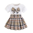 thumbnail image 1 of CPNG Toddler Girl's 2 Piece Outfit Bow Front Short Sleeve Tee and Plaid Pleated Skirt Set Summer Sweet Stylish Set(White,5-6 Years), 1 of 9