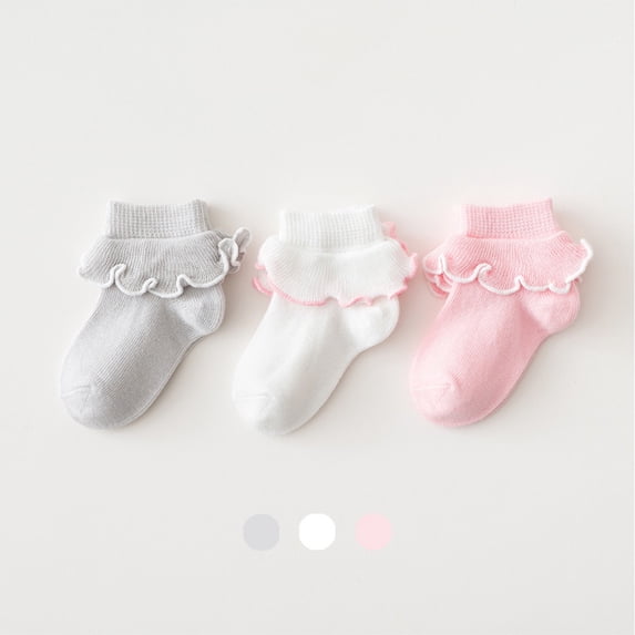 CPNG Toddler Girls Baby 3 Pack Ruffle Socks Frilly Ankle Socks Fold Cuff Cotton Ruffled Dress Crew Baby Fancy Sock Cute Cotton Turn Cuff Frilly Dress Little Girls Socks