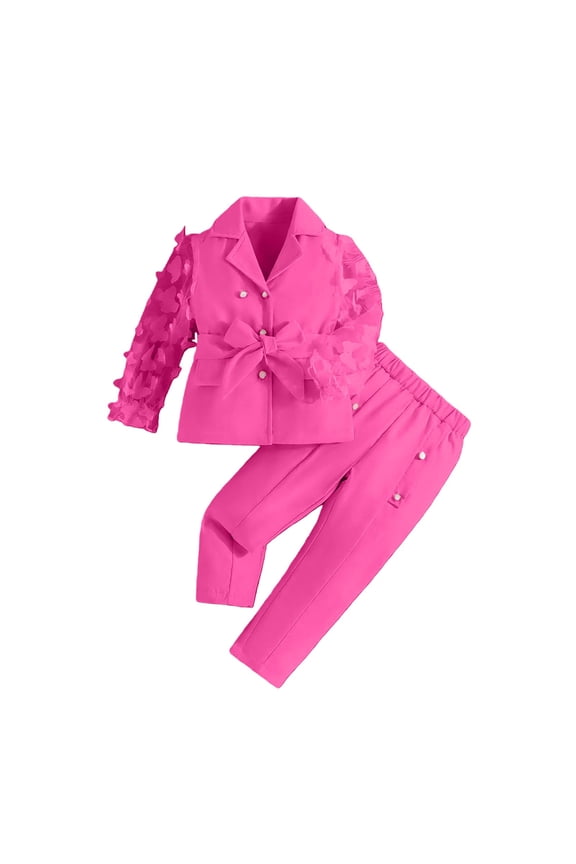 Toddler Girls Fashion Suit Set Wear 2 Piece Outfits Mesh Sheer Sleeve Button Blazer and Pants Set with Bow Belt(Hot Pink,4 Years)
