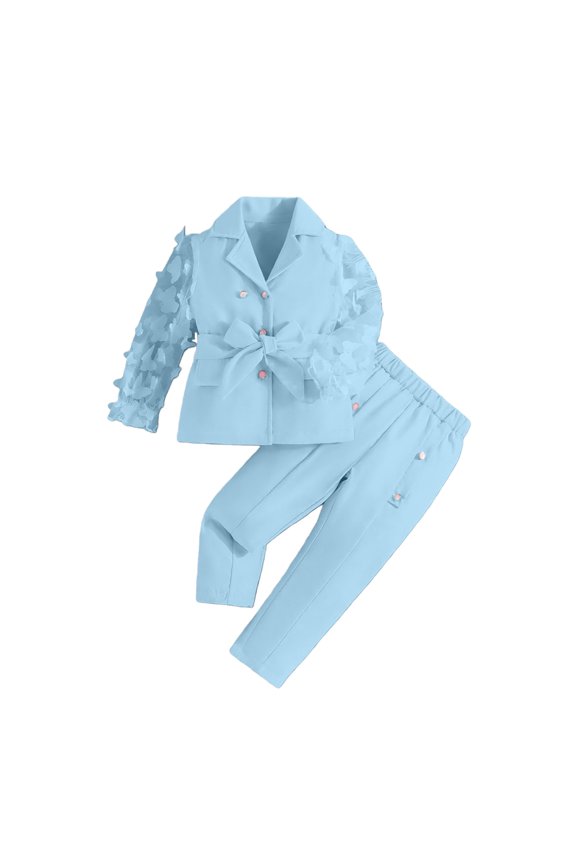 Toddler Girls Fashion Suit Set Wear 2 Piece Outfits Mesh Sheer Sleeve Button Blazer and Pants Set with Bow Belt(Sky Blue,4 Years)