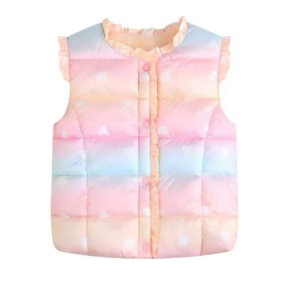 CPNG Toddler Girls Ruffle Puffer Vest Snap Button Jacket Button Lightweight Waistcoat Sleeveless Padded Gilet Winter Cute Gradient Color Jackets Outwear