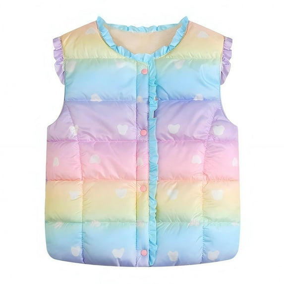 CPNG Toddler Girls Ruffle Puffer Vest Snap Button Jacket Button Lightweight Waistcoat Sleeveless Padded Gilet Winter Cute Gradient Color Jackets Outwear