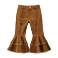 thumbnail image 1 of CPNG Toddler Girls Ruffle Ripped Jeans Bell Bottom Flare Pants Ripped Denim Leggings Trousers Button Front Zipper Ruffle Pants(Coffee,1-2 Years), 1 of 8