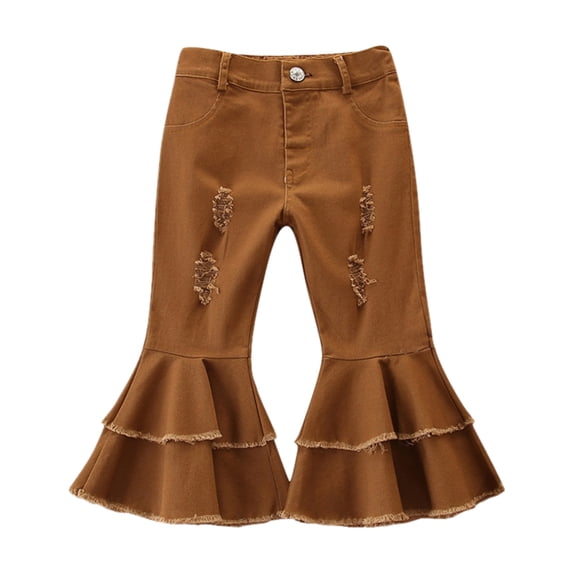CPNG Toddler Girls Ruffle Ripped Jeans Bell Bottom Flare Pants Ripped Denim Leggings Trousers Button Front Zipper Ruffle Pants(Coffee,1-2 Years)