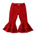 thumbnail image 1 of CPNG Toddler Girls Ruffle Ripped Jeans Bell Bottom Flare Pants Ripped Denim Leggings Trousers Button Front Zipper Ruffle Pants(Red,5-6 Years), 1 of 8