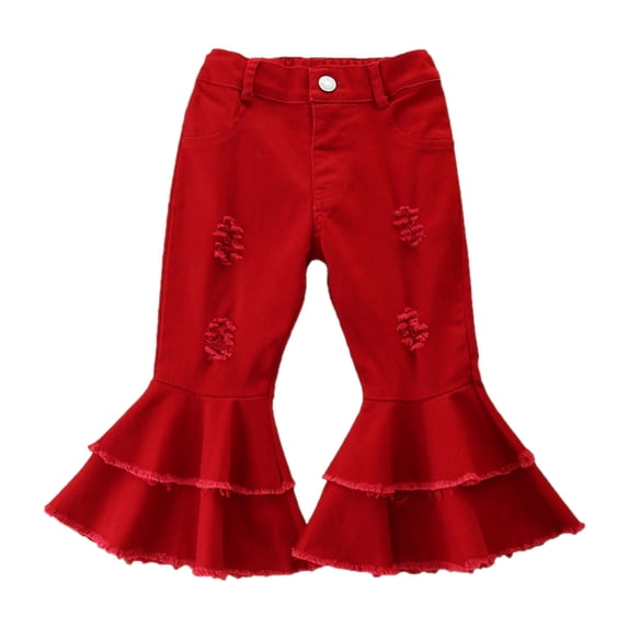 CPNG Toddler Girls Ruffle Ripped Jeans Bell Bottom Flare Pants Ripped Denim Leggings Trousers Button Front Zipper Ruffle Pants(Red,5-6 Years)