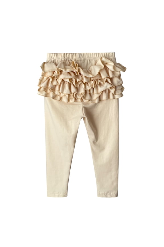 Toddler Girls Ruffles Pants Solid Color Elastic Waisted Stretchy Casual Loose Leggings Soft Comfy Trendy Tights(Beige,2-3 Years)