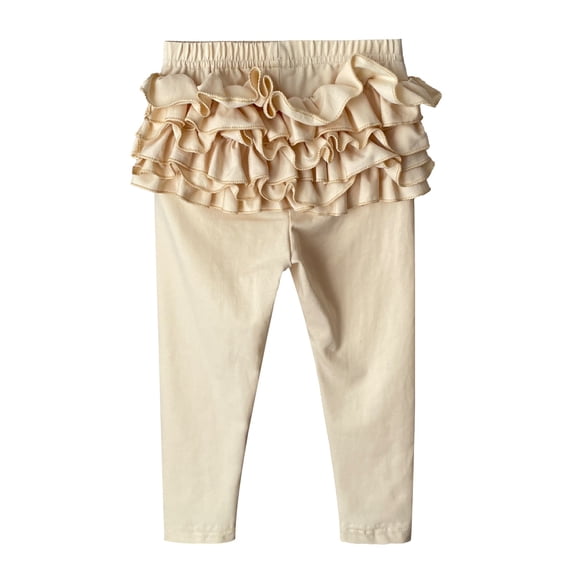 CPNG Toddler Girls Ruffles Pants Solid Color Elastic Waisted Stretchy Casual Loose Leggings Soft Comfy Trendy Tights(Beige,2-3 Years)