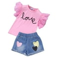 thumbnail image 1 of CPNG Toddler Girls Summer Clothes Love Heart Prints Crewneck Short Sleeve T-Shirts Tops and Denim Shorts Cute Outfits Set(Pink,5-6 Years), 1 of 7