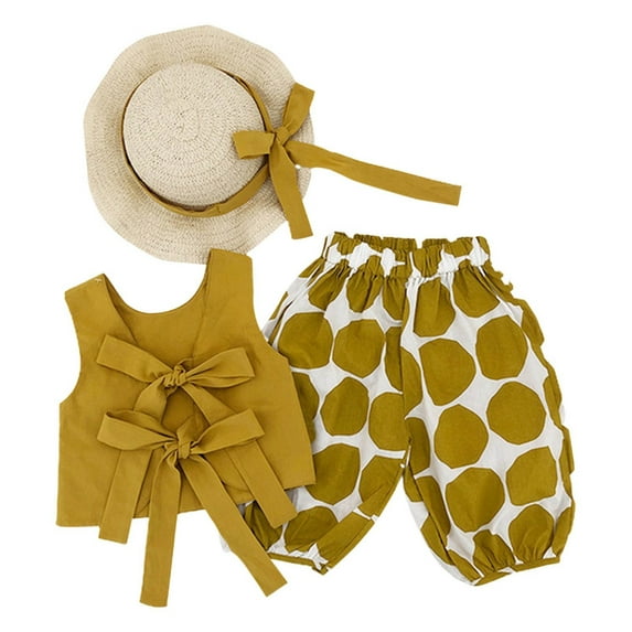 CPNG Toddler Girls Summer Fashionable Outfits Bow Tie Vest Tops Casual Polka Dot Pants and Hat 3 Piece Set(A,12-18 Months)